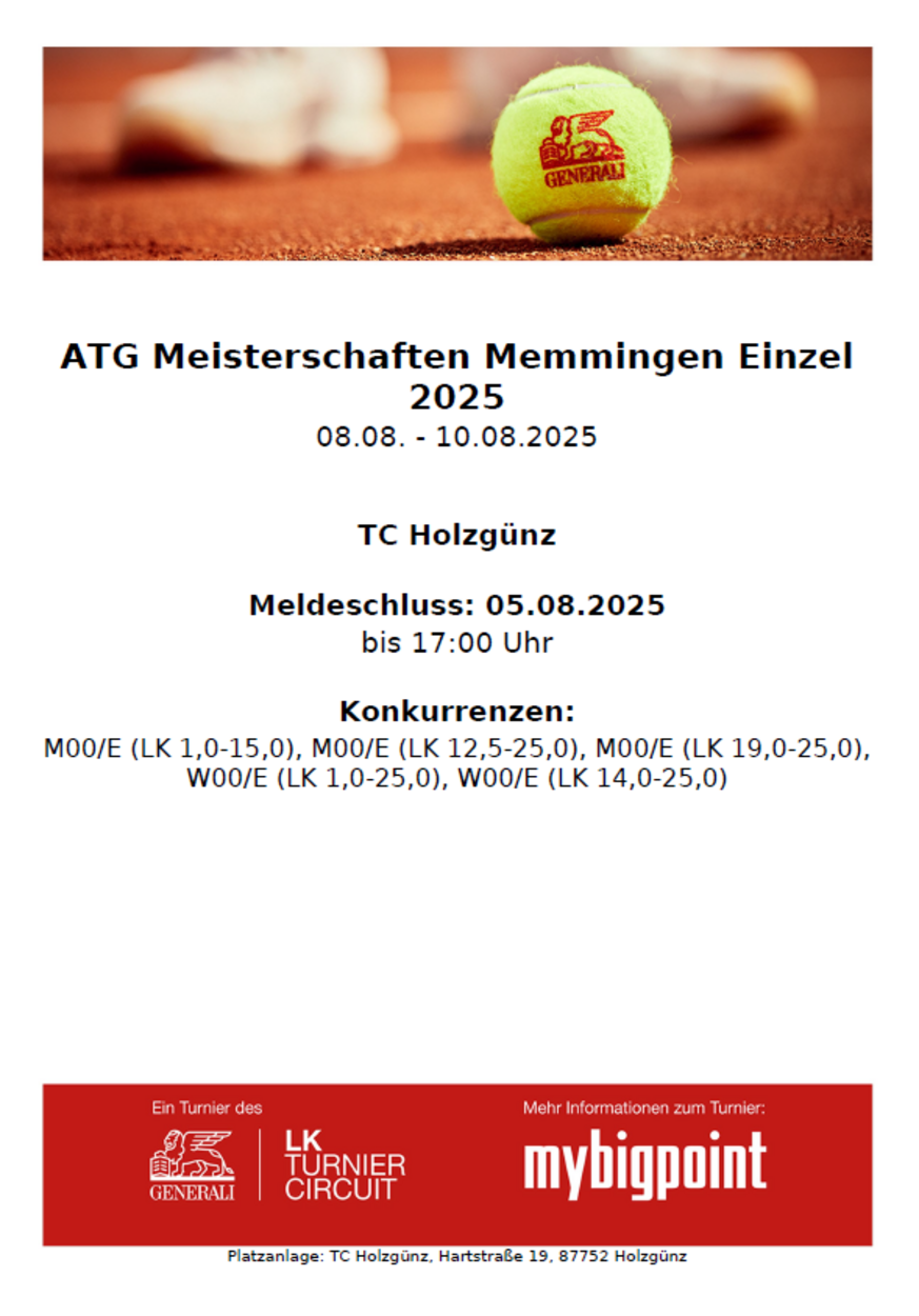 Ausschreibung ATG Einzel Turnier beim TC Holzgünz ist online!